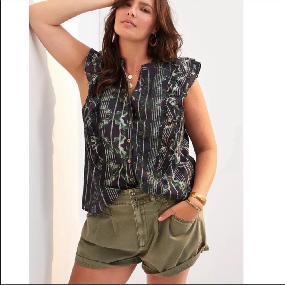Anthropologie Pilcro Black Print Ruffle Button Front Blouse Medium Boho Work Top